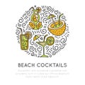 Tropical beach cocktails icon concept. Coconut coctail, sweet juice cocktail and martini glass in round form