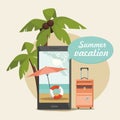 Tropical beach with coco palms, umbrella and travel suitcase. Summer vacation.