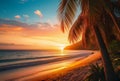 Tropical beach with coconut palm tree at sunset, Seychelles