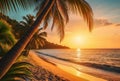 Tropical beach with coconut palm tree at sunset, Seychelles