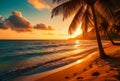 Tropical beach with coconut palm tree at sunset, Seychelles