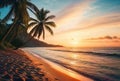 Tropical beach with coconut palm tree at sunset, Seychelles