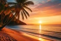 Tropical beach with coconut palm tree at sunset, Seychelles