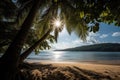 Tropical beach with coconut palm trees at sunset, Seychelles, A beautiful tropical beach view with a clear blue ocean, AI
