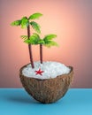 Tropical beach concept made of coconut and palm tree on blue table. Creative minimal summer idea