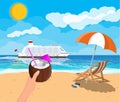 Tropical beach with cruise ship and cocktail Royalty Free Stock Photo