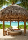 Tropical Beach Daybed Under Thatched Roof Royalty Free Stock Photo
