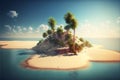 Tropical beach, desert, desert island, many palm trees, ocean view, sunny day. generative AI