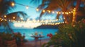 Tropical beach evening with string lights and floral decor Royalty Free Stock Photo