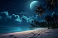 tropical beach extraterrestrial view with white sand, turquoise water and palm tree at full moon night, neural network Royalty Free Stock Photo