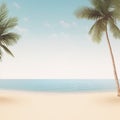 Tropical beach with fine sand and palm trees, calm sea with clear blue sky above. AI Generated