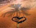 Tropical  beach and heart symbol on sand , palm  leaf shadow on  gold  sunset  light nature landscape  background Royalty Free Stock Photo