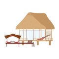 Tropical beach house on stilts with thatched roof and wooden deck. Resort bungalow with lounge chairs. Vacation home Royalty Free Stock Photo