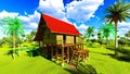 Tropical beach house in the tropics 3d rendering Royalty Free Stock Photo