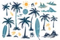 Tropical Beach Illustration Set Featuring Palm Trees Surfboards Waves Sun and Summer Elements Royalty Free Stock Photo