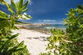 Tropical beach at La Digue island, Seychelles. Lush green vegetation on white sand paradise beach. Turquoise blue lagoon Royalty Free Stock Photo