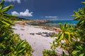 Tropical beach at La Digue island, Seychelles. Lush green vegetation on white sand paradise beach. Turquoise blue lagoon Royalty Free Stock Photo