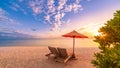 Beautiful beach. Chairs on the sandy beach near the sea. Summer holiday and vacation concept. Inspirational tropical background