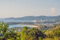 Tropical beach landscape panorama. Beautiful turquoise ocean waives with boats and sandy coastline from high view point. Kata and Royalty Free Stock Photo
