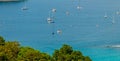 Tropical beach landscape panorama. Beautiful turquoise ocean waives with boats and sandy coastline from high view point. Kata and Royalty Free Stock Photo