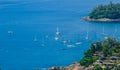 Tropical beach landscape panorama. Beautiful turquoise ocean waives with boats and sandy coastline from high view point. Kata and Royalty Free Stock Photo