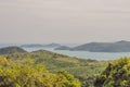 Tropical beach landscape panorama. Beautiful turquoise ocean waives with boats and sandy coastline from high view point. Kata and Royalty Free Stock Photo