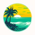 Tropical Beach Landscape With Sea, Sunset And Palm Trees. Abstract Landscape. Tropical Paradise Island Logo. Summer Vacation