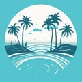 Tropical beach landscape with sea, sunset and palm trees. Abstract landscape. Tropical paradise island logo. Summer vacation Royalty Free Stock Photo