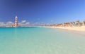 Tropical beach with lightouse on an Bahamas island Royalty Free Stock Photo