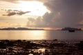 Tropical beach, long tail boats,golden sunset, gulf of Thailand,Krabi Royalty Free Stock Photo