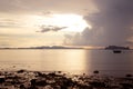 Tropical beach, long tail boats,golden sunset, gulf of Thailand,Krabi Royalty Free Stock Photo