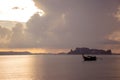 Tropical beach, long tail boats,golden sunset, gulf of Thailand,Krabi Royalty Free Stock Photo