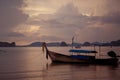 Tropical beach, long tail boats,golden sunset, gulf of Thailand,Krabi Royalty Free Stock Photo