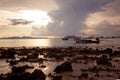 Tropical beach, long tail boats,golden sunset, gulf of Thailand,Krabi Royalty Free Stock Photo