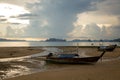 Tropical beach, long tail boats,golden sunset, gulf of Thailand,Krabi Royalty Free Stock Photo