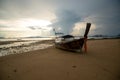 Tropical beach, long tail boats,golden sunset, gulf of Thailand,Krabi Royalty Free Stock Photo