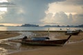 Tropical beach, long tail boats,golden sunset, gulf of Thailand,Krabi Royalty Free Stock Photo