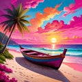 Tropical beach magenta canoe row boat sandy beach evening sunset Royalty Free Stock Photo