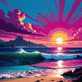 Tropical beach magenta clouds sunset sunrise sea shore waves