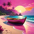 Tropical beach magenta fishing row boat moonlight night shore