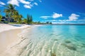 tropical beach in Maldives with few palm trees and blue lagoon, amazing white beaches of Mauritius island. Tropical vacation, AI Royalty Free Stock Photo