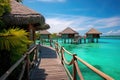 tropical beach in Maldives with few palm trees and blue lagoon, Over water bungalows with steps into green lagoon, AI Generated Royalty Free Stock Photo
