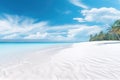 tropical beach in Maldives with few palm trees and blue lagoon, White sand and coco palms travel tourism wide panorama background Royalty Free Stock Photo