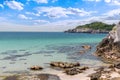 Tropical beach Natural background for summer vacation. Photo Turquoise ocean water and blue sky with clouds in sunny day. Beautifu Royalty Free Stock Photo