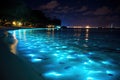 Tropical beach at night with blue light reflecting on the water, Bio luminescence. Night beach scene in Maldives with bio Royalty Free Stock Photo