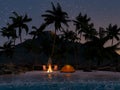 Tropical Beach Night Camping with Bonfire and Tent under the Stars Royalty Free Stock Photo