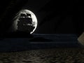 Tropical Beach at Night Moonlight, with Sailboat. Royalty Free Stock Photo