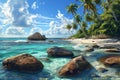 Tropical Beach Painting With Rocks and Palm Trees Royalty Free Stock Photo