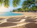 Tropical beach with palm leaves framing the turquoise sea, focus on sand ripples in the foreground Royalty Free Stock Photo