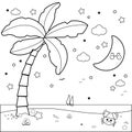 Tropical beach with palm tree at night. Vector black and white coloring page. Royalty Free Stock Photo